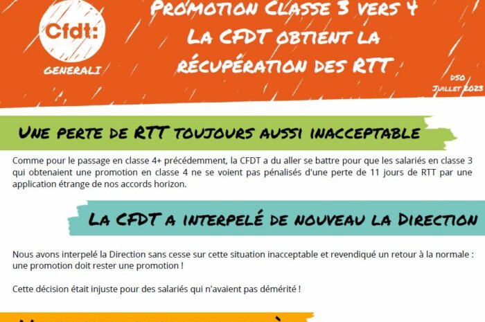 Promotion Classe 3 vers 4La CFDT obtient la récupération des RTT