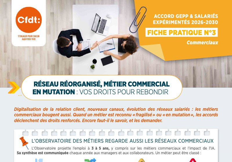 Aperçu de la fiche pratique commerciaux n°3 : Réseau réorganisé, métier commercial en mutation : vos droits pour rebondir